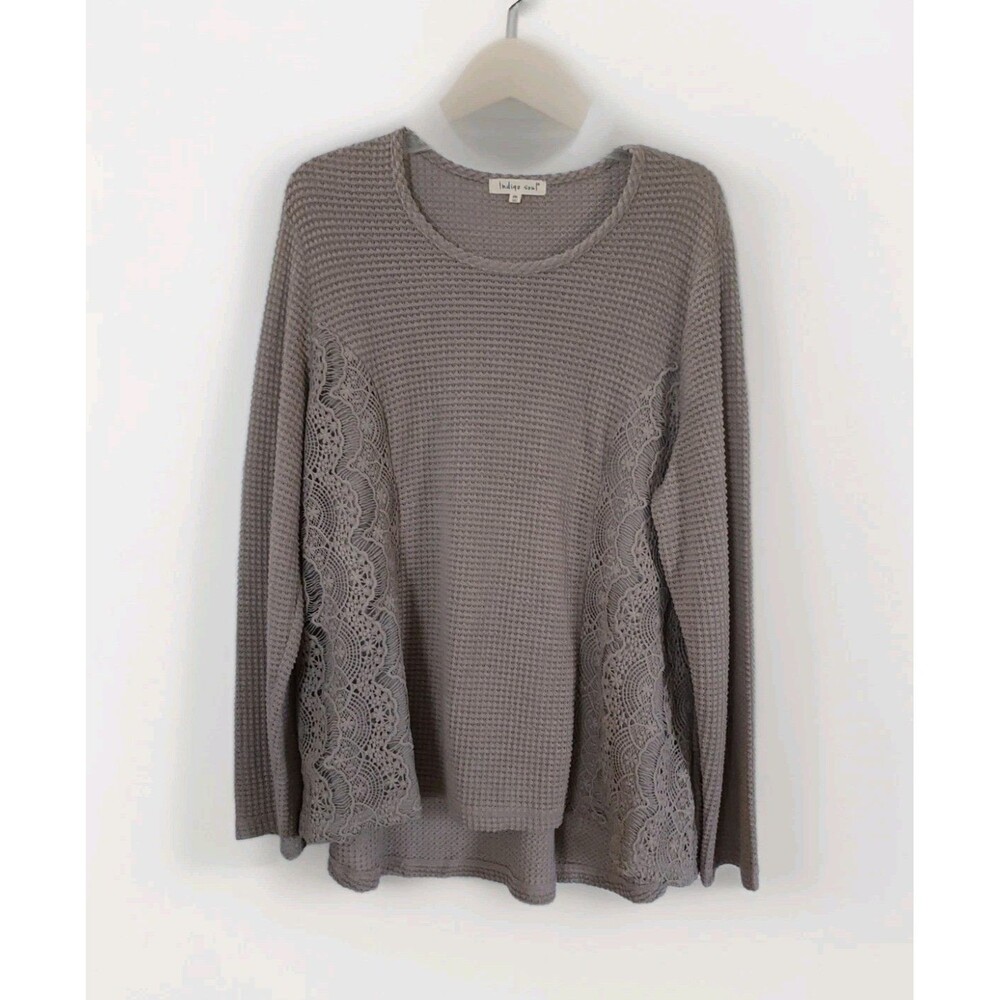 indigo soul Taupe Waffle Knit Lace-Panel Long Sleeve Top